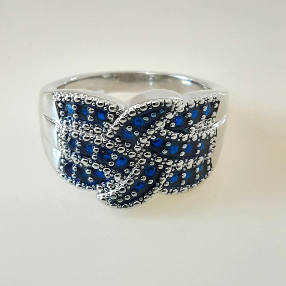 STERLING SILVER 925 Simulated Sapphire Wide Cigar Band Ring Sz 10 - NWOT - Picture 1 of 6